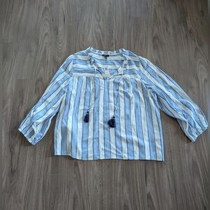 NWT Talbots Blue and White Nautical Striped Blouse With Tassels (Size XL)